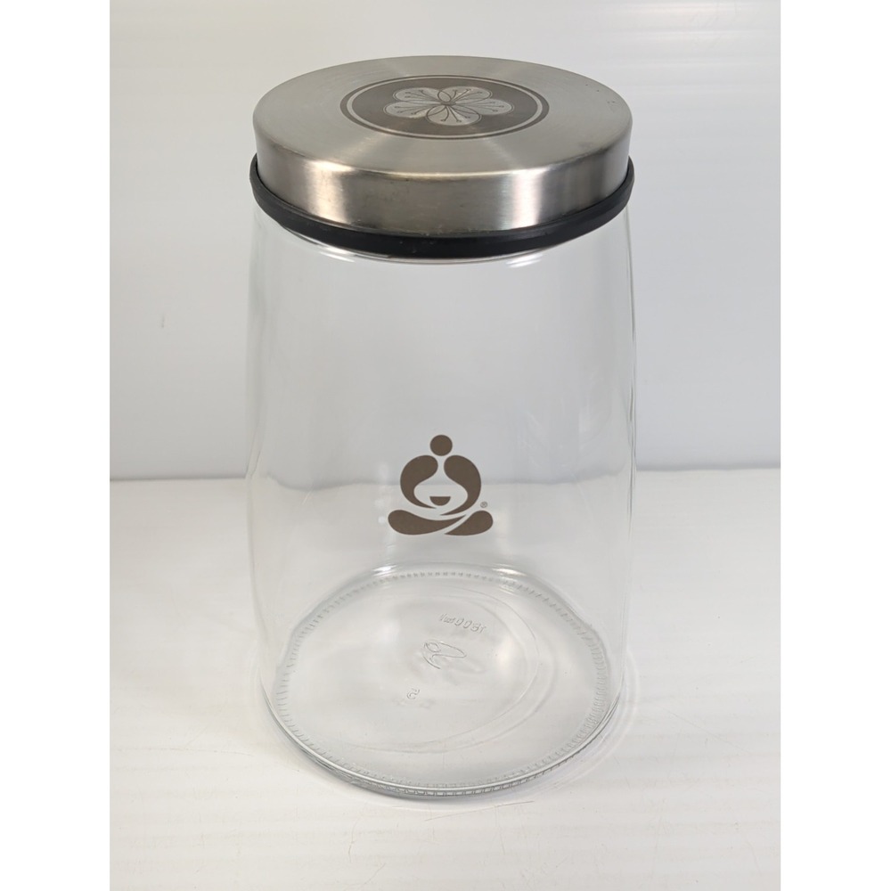 Teavana Clear Glass Tea Canister Jar Stainless Steel Lid Meditating Logo 60oz
